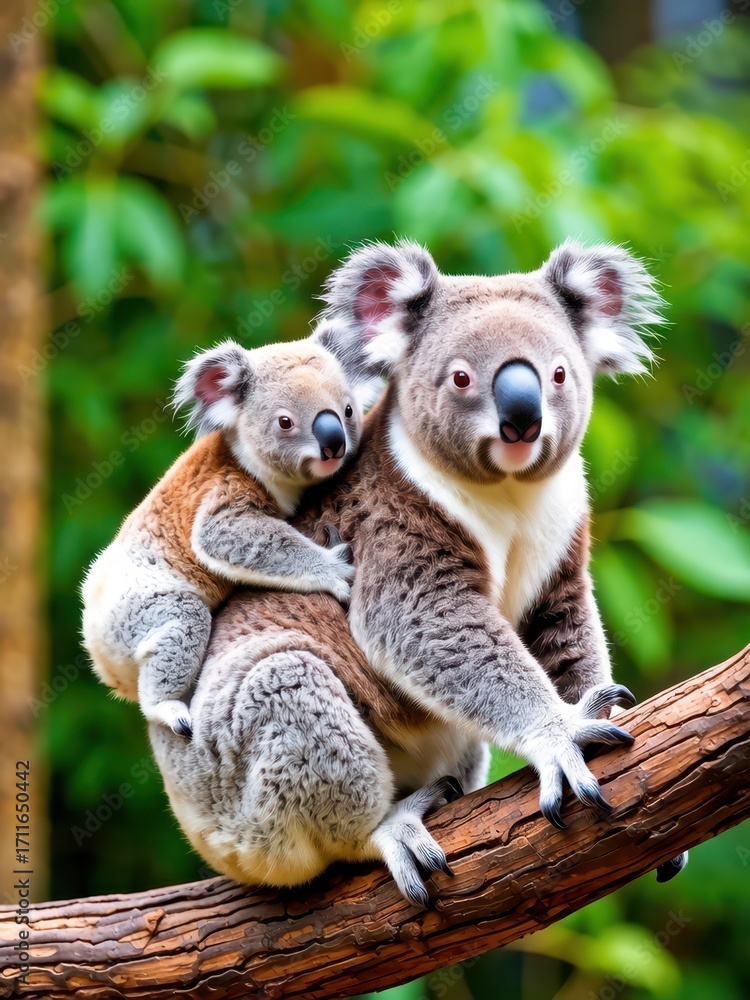Fototapeta premium Koala mother and baby climbing tree australian forest wildlife photography natural habitat close-up view animal bonding