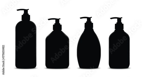Collection of four silhouetted pump bottles for soap lotion or sanitizer product packaging vector