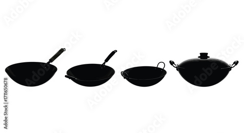 Collection of wok and pan silhouettes for asian cuisine preparation and cooking vector