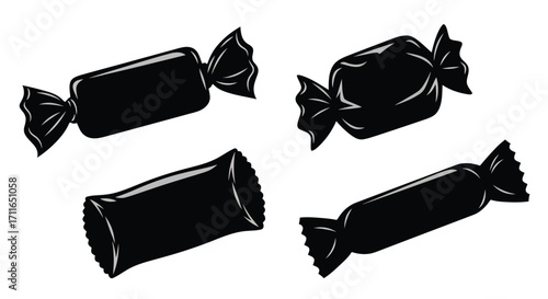 Four wrapped black hard candies isolated studio shot against sweet treats vector