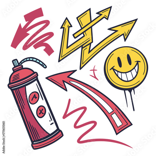 Graffiti art elements including a spray paint can arrows a smiley face and abstract shapes in vibrant colors