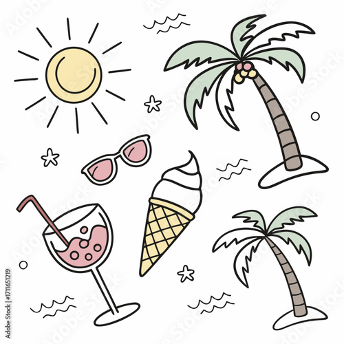 Cute hand drawn summer vacation icons featuring sun palm trees sunglasses ice cream and refreshing drink