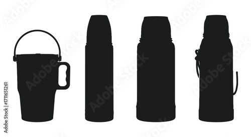 Silhouette collection of everyday items thermoses and a bucket for storage and beverage transport vector