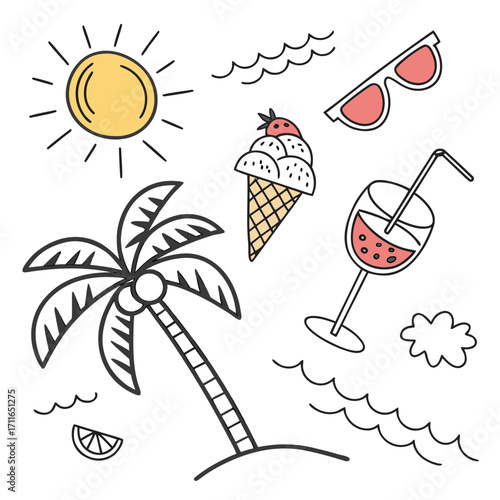 Doodle illustration of summer vacation elements including a sun palm tree ice cream drink sunglasses and ocean waves