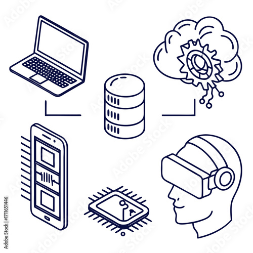 Conceptual illustration of modern technology including artificial intelligence machine learning data storage and virtual reality