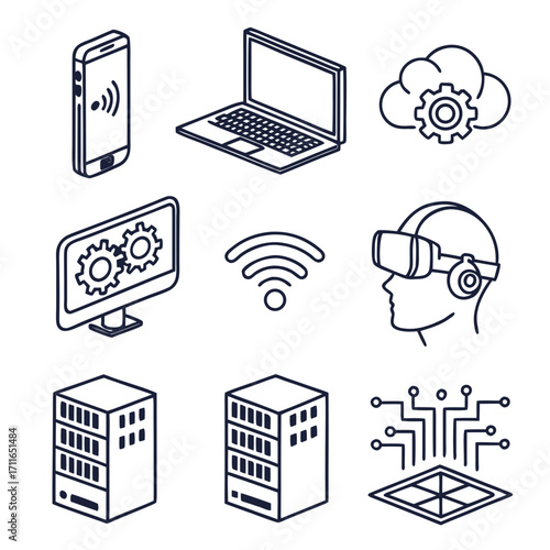 Collection of isometric line art icons representing modern technology and digital concepts including devices and networking