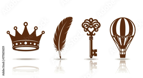 Vintage steampunk collection crown feather ornate key hot air balloon icons isolated vector