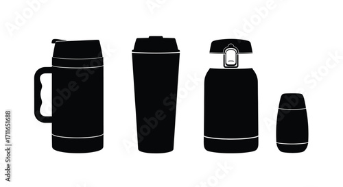 Silhouette collection of modern travel mugs and water bottles vector
