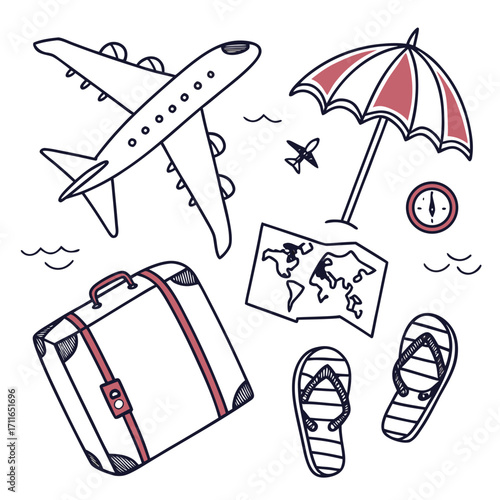 A collection of travel essentials including an airplane suitcase map umbrella compass and flip flops all in a simple doodle style