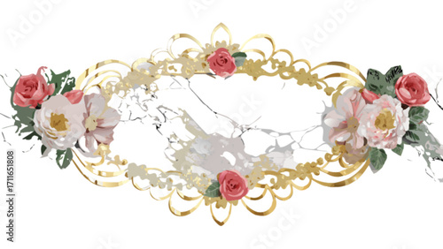 Elegant floral frame with roses and golden filigree design on a marbled background illustration art