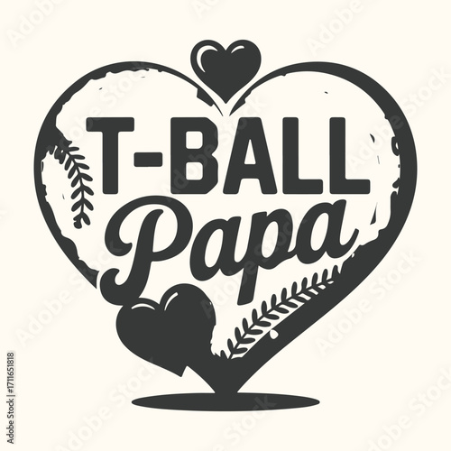 Vector art of tball papa heart graphic with baseball stitching and hearts, celebrating fatherhood and youth sports
