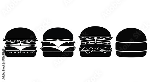 Diverse burger silhouettes set fast food icons representing different toppings and styles vector
