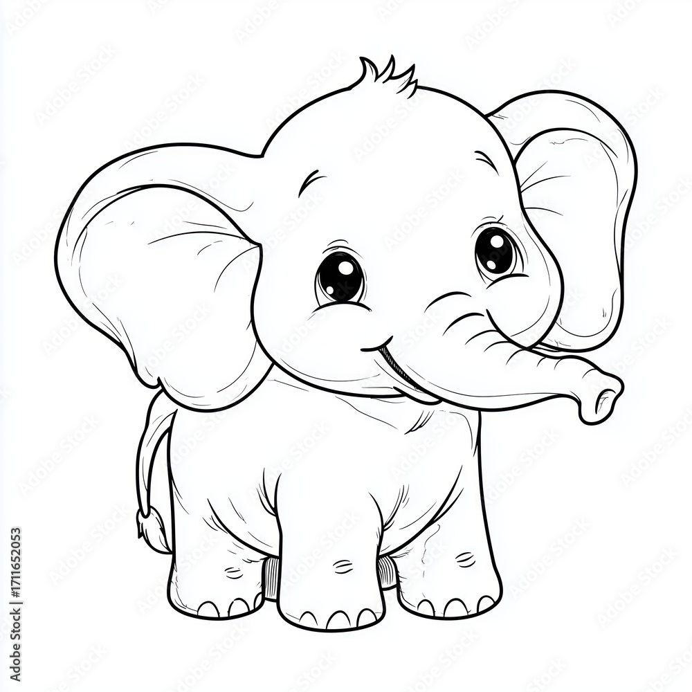 Naklejka premium Cute baby elephant animal cartoon illustration black and white drawing symbol