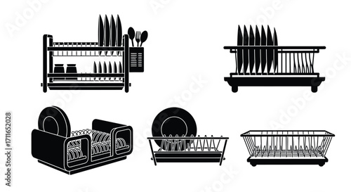 Collection of kitchen dish drying racks and organizers various styles vector