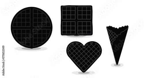 Assortment of black waffle shapes including round square heart and cone for desserts vector