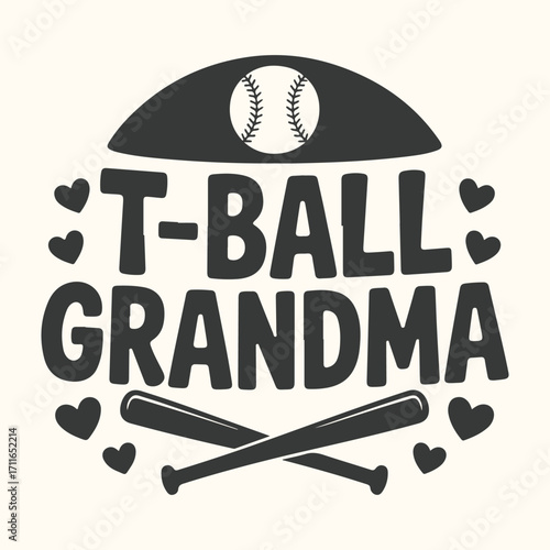Vector art of tball grandma graphic with baseball, bats, and hearts, celebrating a proud grandmothers support for her young athletes baseball games and team spirit