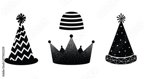Collection of festive party hats and crown silhouettes for celebrations and fun occasions vector
