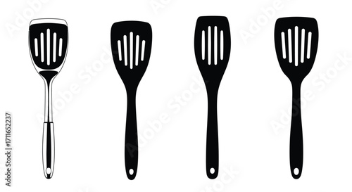 Four slotted spatulas in a row kitchen utensils for cooking and grilling preparation vector