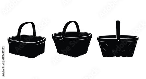 Three distinct black wicker baskets with handles isolated on a white surface vector