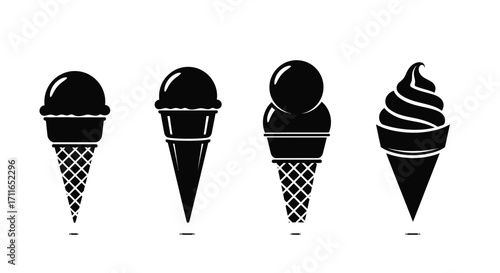 Four black ice cream cones with textured detail isolated on set vector