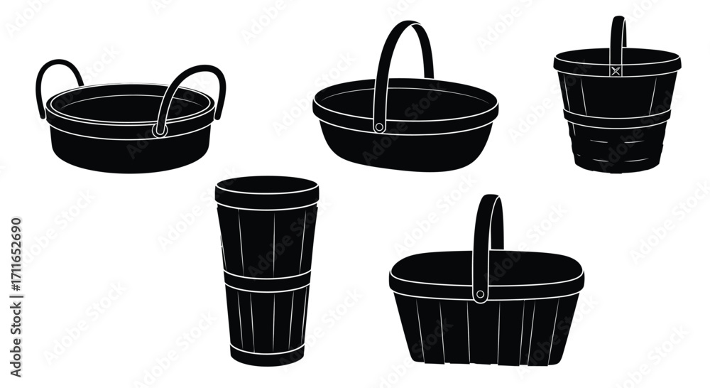 Obraz premium Collection of rustic woven baskets and containers silhouette for storage and decoration vector