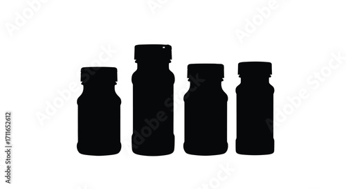 Four silhouetted small black vials with caps showing different heights vector