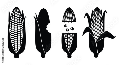 Four stylized corn cobs showing stages of preparation and consumption in black silhouette vector