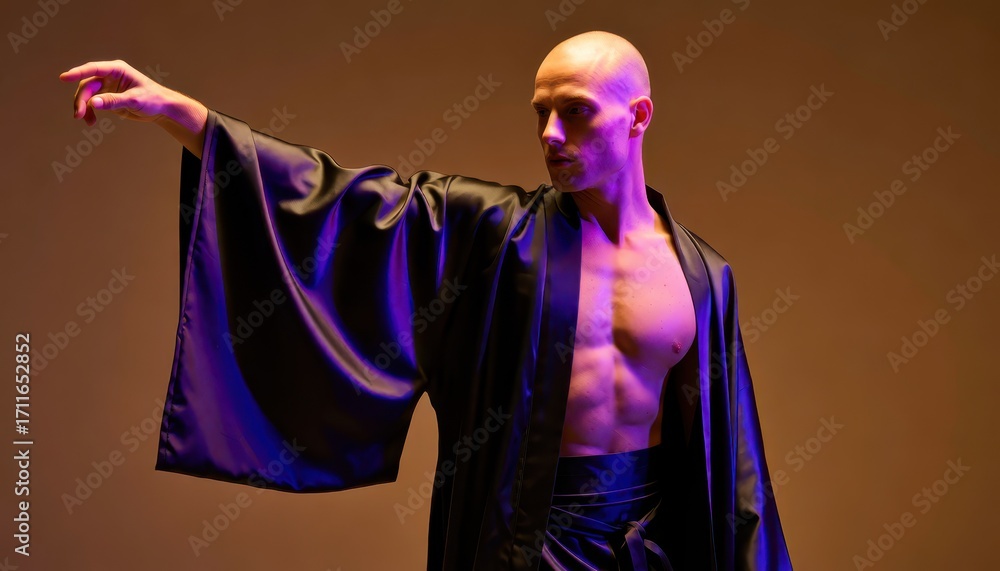 Fototapeta premium Martial arts performance by male dancer studio setting high-energy display dramatic lighting