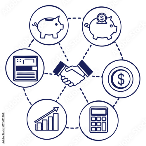 Financial concept diagram showing a handshake connecting icons of piggy bank coin calculator wallet and growth chart