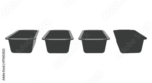 Four black disposable food service containers shown from different angles with lids removed vector