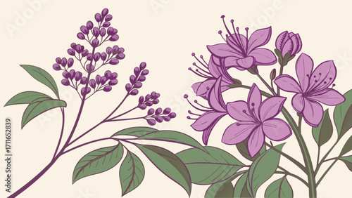 Illustration showing purple lilac and rhododendron flowers with green leaves on a light background