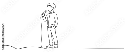 Continuous line art of boy with microphone. Public speaking, stage expression, singing or performance. Vector illustration
