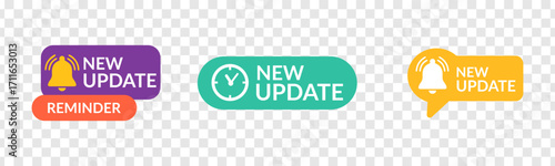 New update notification, Set of new update, New update with bell, Reminder and alert labels