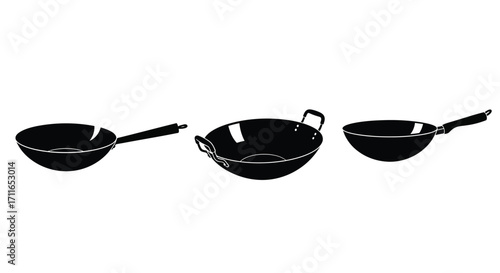 Three wok cooking pans with handles on a ready for food preparation vector