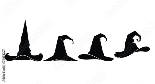 Silhouette collection of four spooky halloween witch hats isolated on vector