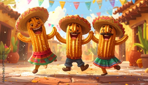 Three cheerful churro characters in sombrero hats, dancing in a vibrant Mexican-inspired street scene.
