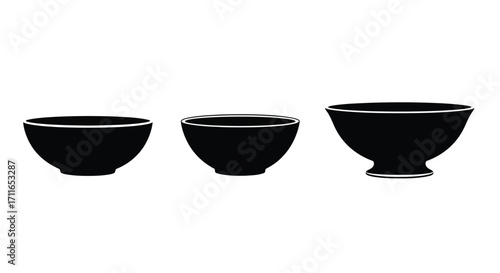 Three glossy black ceramic bowls arranged in size order on a vector