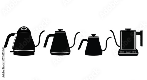 Collection of four black pour over coffee kettles silhouette for brewing artisanal coffee vector