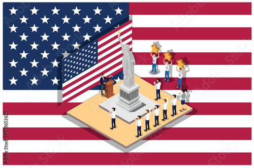 Isometric Illustration of independence day ceremony in front statue in middle of the field, isolated American flag