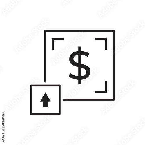 Dollar sign with upward arrow icon—ideal for profit growth, income rise, price increase, revenue boost, and financial success. Minimal outline vector for business and finance visuals.