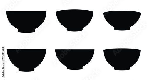 Collection of six black silhouette ceramic bowls in different styles and sizes vector