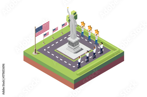 Isometric Illustration of independence day ceremony in front the statue in middle of the field, isolated White background, Suitable for Diagrams, Infographics and Other Graphic asset