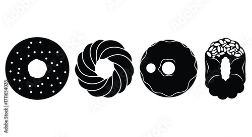 Four distinct black silhouette pastries arranged side by side on a white canvas vector