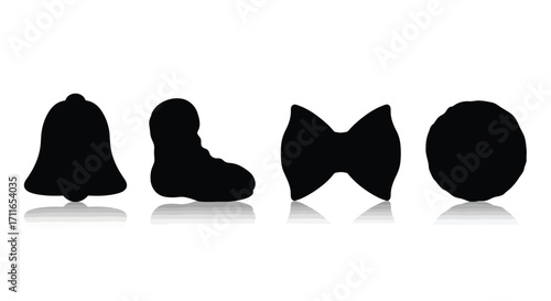 Christmas icons silhouette set festive bell boot bowtie ornament holiday celebration symbols vector