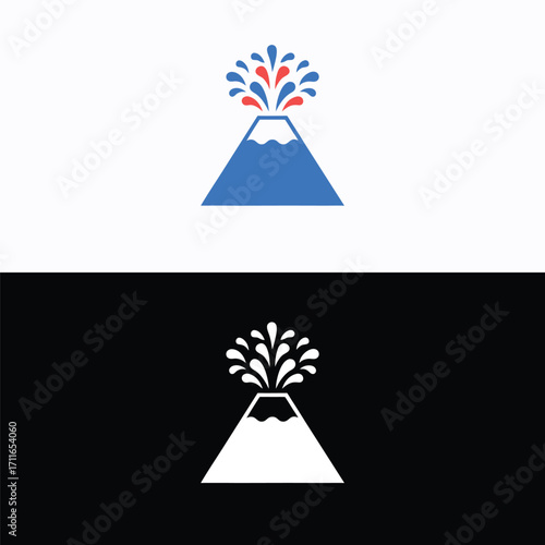 A striking illustration of a stylized volcano erupting, set against contrasting black and white backgrounds, capturing the raw power and dynamic energy of natures geological forces