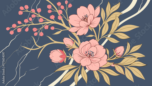 Illustration of pink flowers and buds with golden leaves on a dark blue background with light streaks