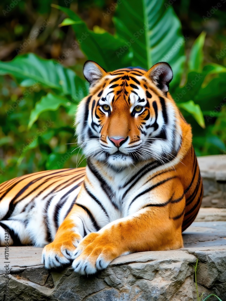 Fototapeta premium Majestic tiger relaxing in lush jungle wildlife photography natural habitat close-up view conservation awareness