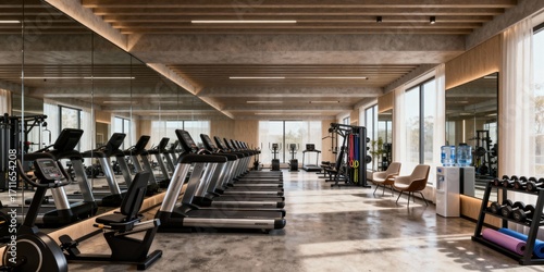 Contemporary fitness center with treadmills, free weights, and workout machines in a bright room with large mirrors and natural light.