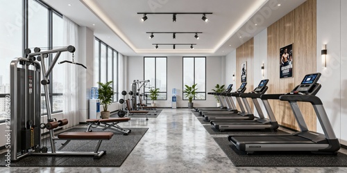 Modern fitness gym interior with treadmills and training equipment.