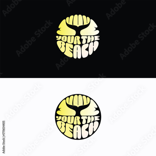 A captivating logo design featuring a whale tail gracefully emerging from the ocean, encircled by the words your the beach in a playful, retroinspired font, isolated on white background